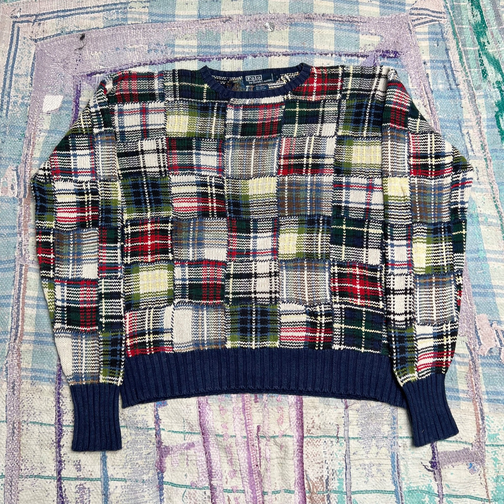 Polo Ralph Lauren Multicolor Plaid Patchwork Knit Sweater Men’s Size L Pullover